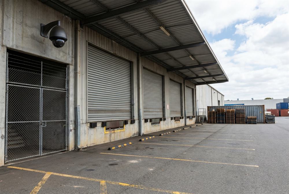 Cámara de seguridad instalada en el acceso de una bodega